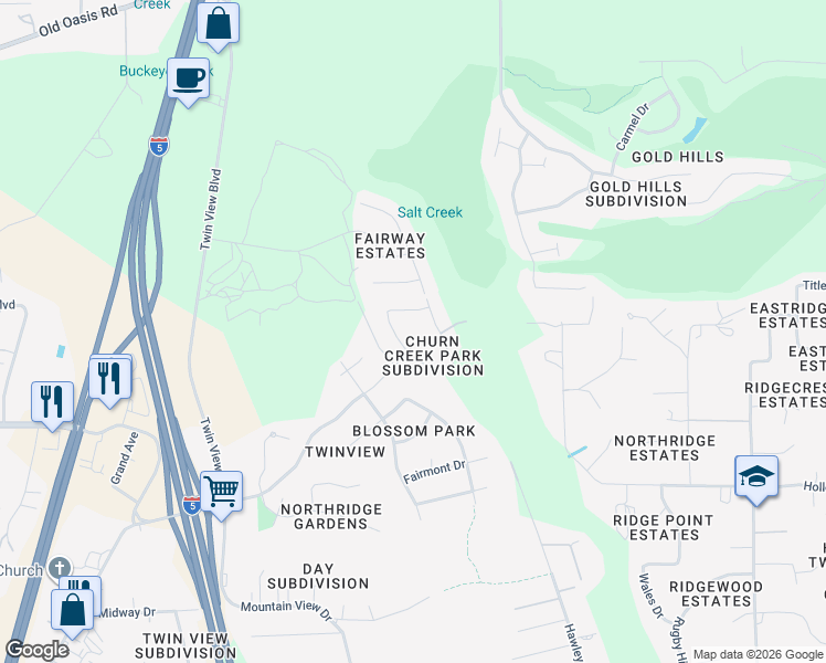 map of restaurants, bars, coffee shops, grocery stores, and more near 6074 Fallworth Drive in Redding