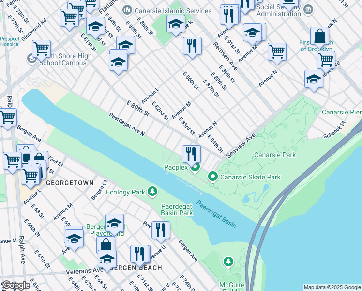 map of restaurants, bars, coffee shops, grocery stores, and more near 1348 East 80th Street in Brooklyn