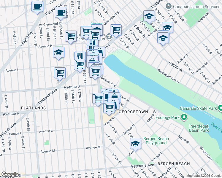 map of restaurants, bars, coffee shops, grocery stores, and more near 1072 Bergen Avenue in Brooklyn