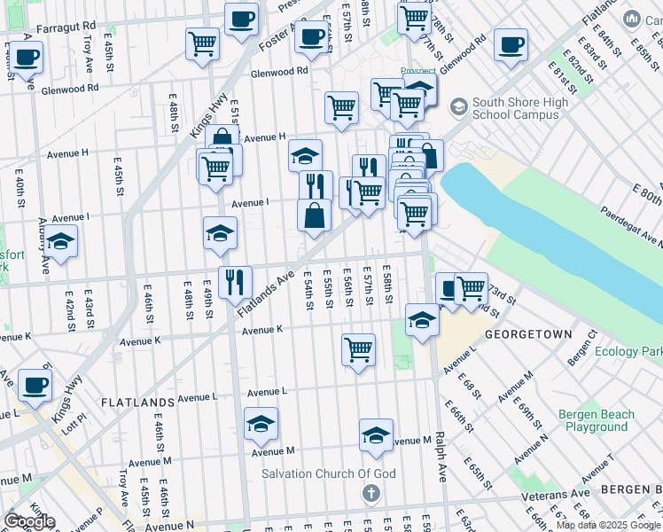 map of restaurants, bars, coffee shops, grocery stores, and more near 1145 East 55th Street in Brooklyn