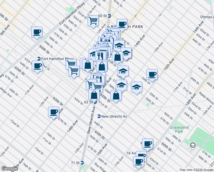 map of restaurants, bars, coffee shops, grocery stores, and more near 5712 14th Avenue in Brooklyn
