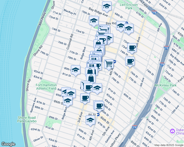 map of restaurants, bars, coffee shops, grocery stores, and more near 269 79th Street in Brooklyn