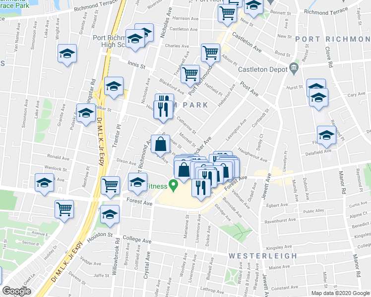 map of restaurants, bars, coffee shops, grocery stores, and more near 50 Montell Street in Staten Island