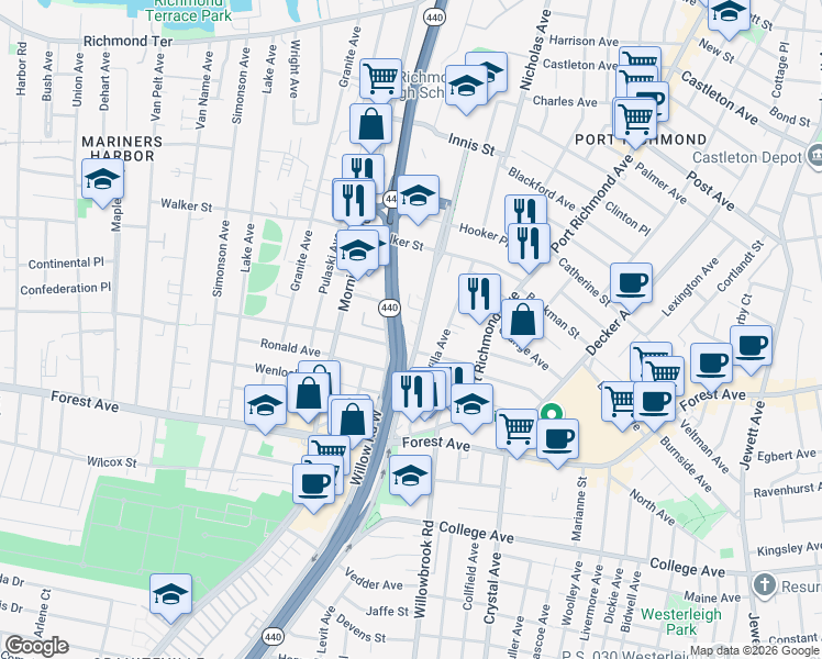 map of restaurants, bars, coffee shops, grocery stores, and more near 190 Trantor Place in Staten Island