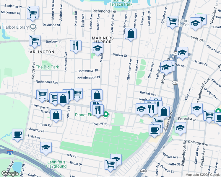 map of restaurants, bars, coffee shops, grocery stores, and more near 278 Van Pelt Avenue in Staten Island