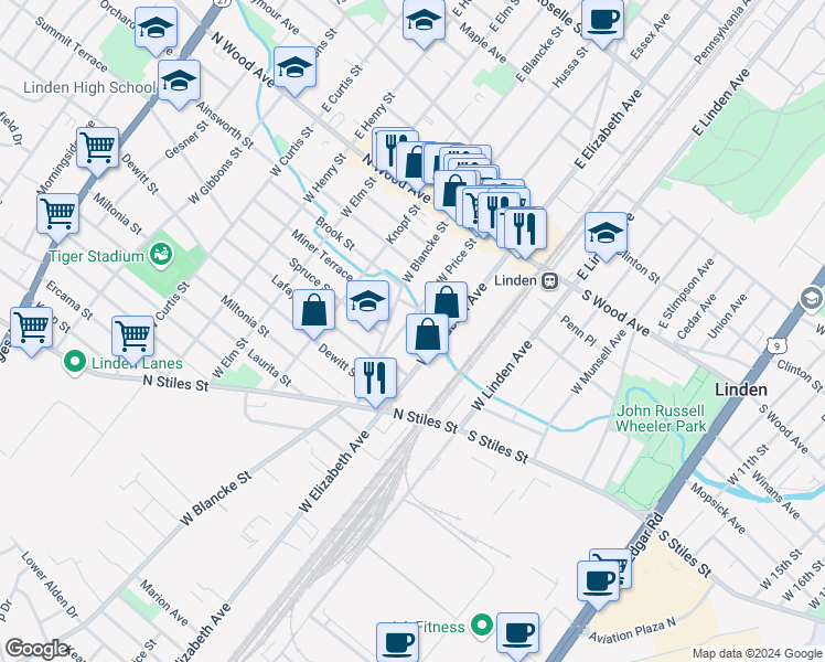 map of restaurants, bars, coffee shops, grocery stores, and more near 226 West Price Street in Linden