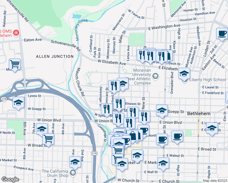 map of restaurants, bars, coffee shops, grocery stores, and more near 125 West Laurel Street in Bethlehem