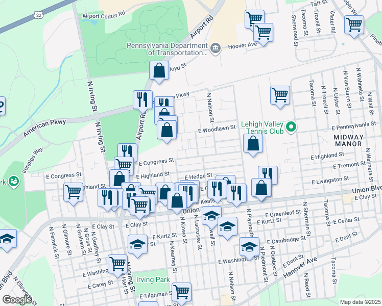 map of restaurants, bars, coffee shops, grocery stores, and more near 1202b East Woodlawn Street in Allentown