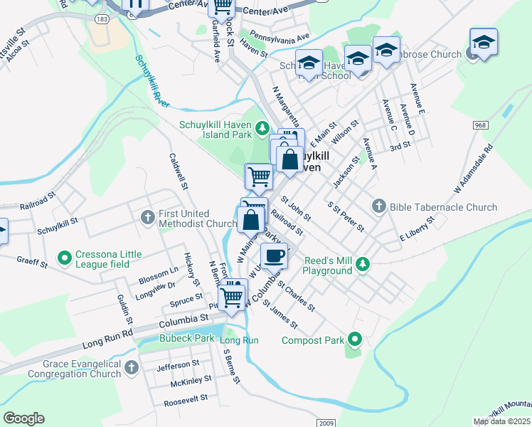 map of restaurants, bars, coffee shops, grocery stores, and more near 26 West Main Street in Schuylkill Haven