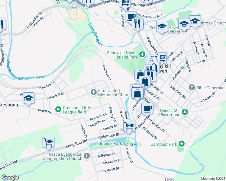 map of restaurants, bars, coffee shops, grocery stores, and more near 270 North Berne Street in Schuylkill Haven