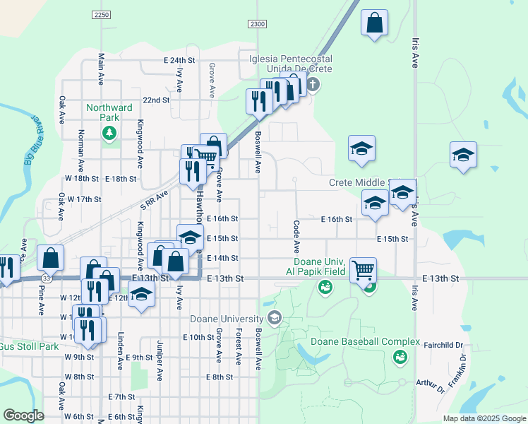 map of restaurants, bars, coffee shops, grocery stores, and more near 945 Longwood Drive in Crete