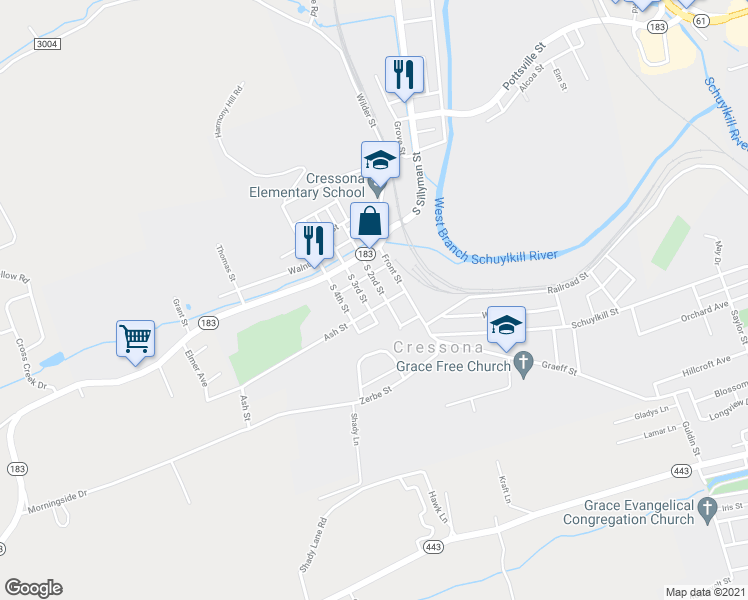 map of restaurants, bars, coffee shops, grocery stores, and more near 41 S 2nd St in Cressona