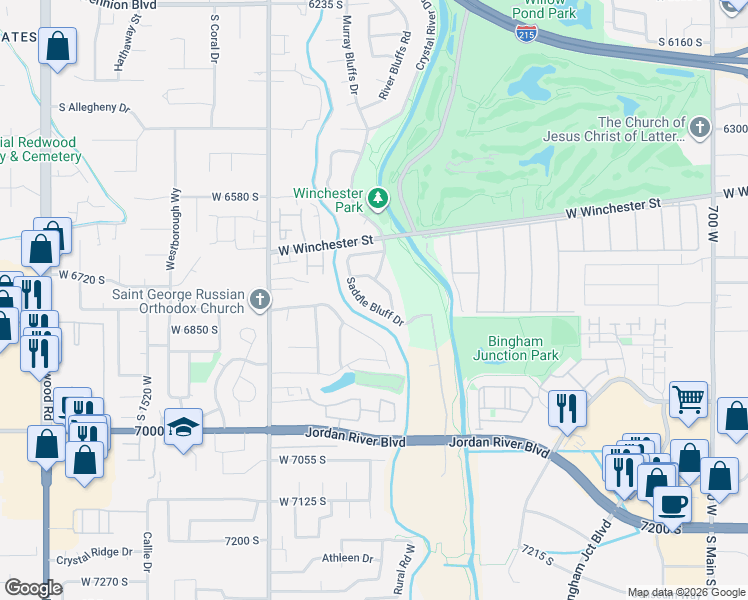 map of restaurants, bars, coffee shops, grocery stores, and more near 6737 Lazy River Drive in Murray
