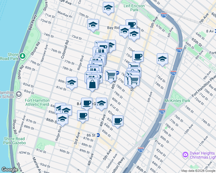 map of restaurants, bars, coffee shops, grocery stores, and more near 369 78th Street in Brooklyn
