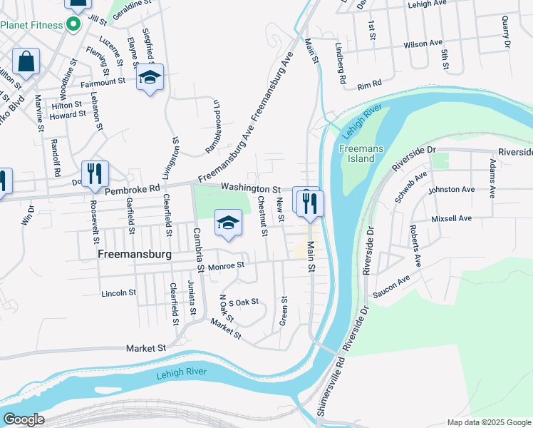 map of restaurants, bars, coffee shops, grocery stores, and more near 427 Chestnut Street in Freemansburg