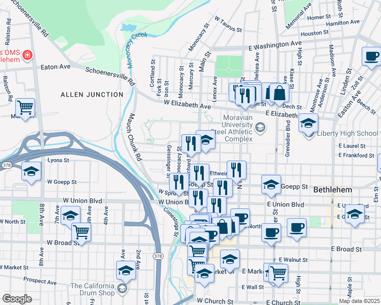 map of restaurants, bars, coffee shops, grocery stores, and more near 117 West Frankford Street in Bethlehem