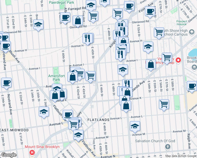 map of restaurants, bars, coffee shops, grocery stores, and more near 4550 Kings Highway in Brooklyn