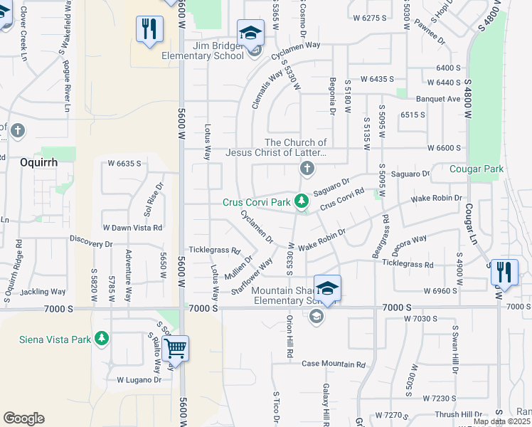 map of restaurants, bars, coffee shops, grocery stores, and more near 6733 Crus Corvi Road in West Jordan