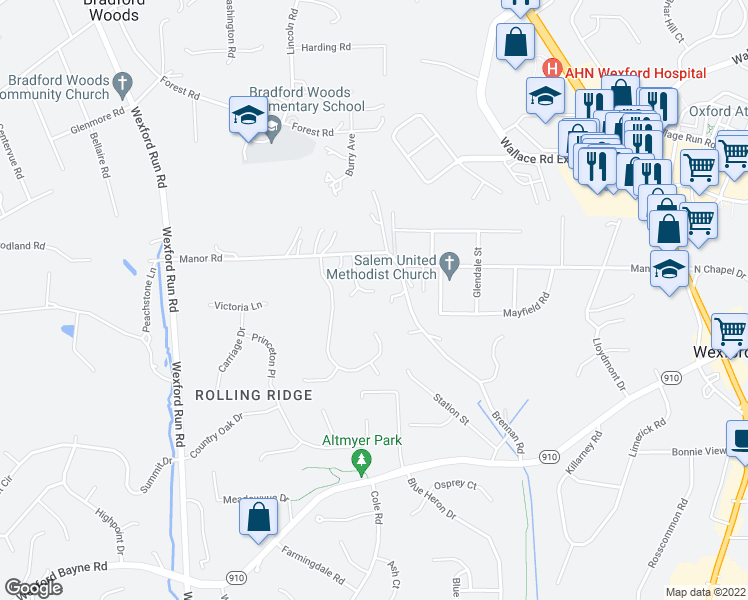 map of restaurants, bars, coffee shops, grocery stores, and more near 225 Cottonwood Lane in Wexford