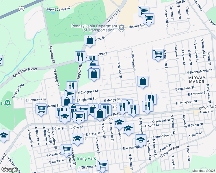 map of restaurants, bars, coffee shops, grocery stores, and more near 1207 East Congress Street in Allentown