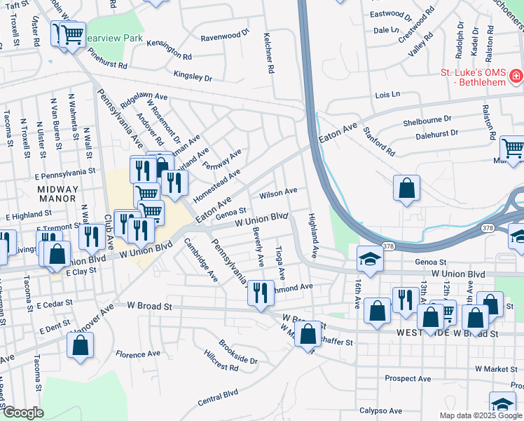 map of restaurants, bars, coffee shops, grocery stores, and more near West Union Boulevard in Bethlehem