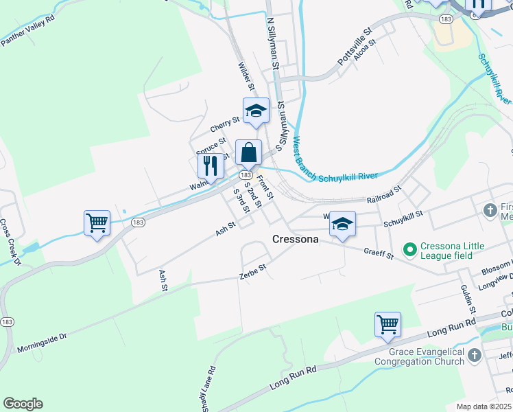 map of restaurants, bars, coffee shops, grocery stores, and more near 41 South 2nd Street in Cressona