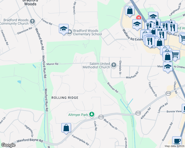 map of restaurants, bars, coffee shops, grocery stores, and more near 224 Cottonwood Lane in Wexford