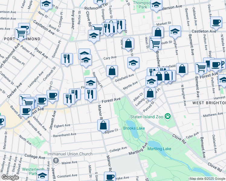 map of restaurants, bars, coffee shops, grocery stores, and more near 479 Clove Road in Staten Island