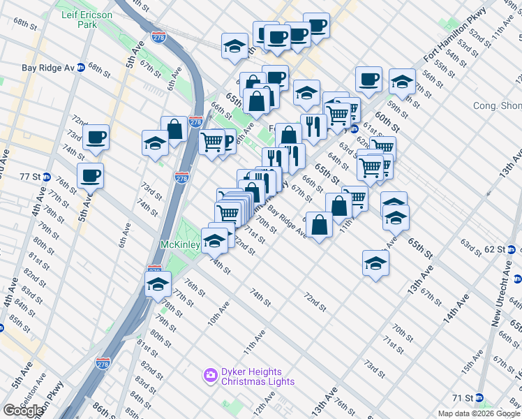 map of restaurants, bars, coffee shops, grocery stores, and more near 882 Bay Ridge Avenue in Brooklyn