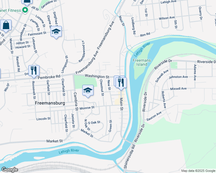 map of restaurants, bars, coffee shops, grocery stores, and more near 446 New Street in Freemansburg