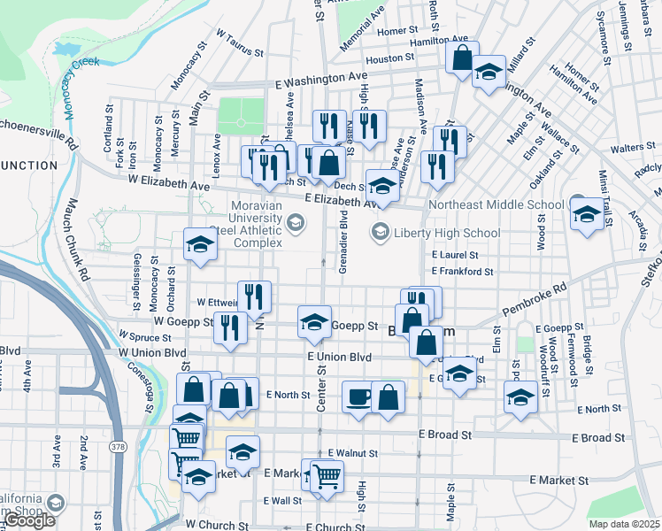 map of restaurants, bars, coffee shops, grocery stores, and more near 1026 Center Street in Bethlehem