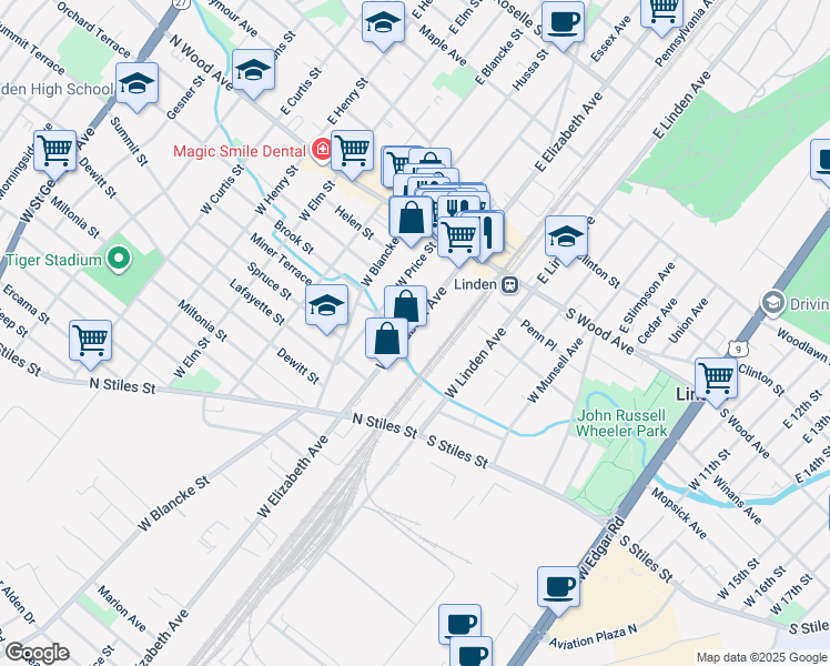 map of restaurants, bars, coffee shops, grocery stores, and more near 307 West Elizabeth Avenue in Linden