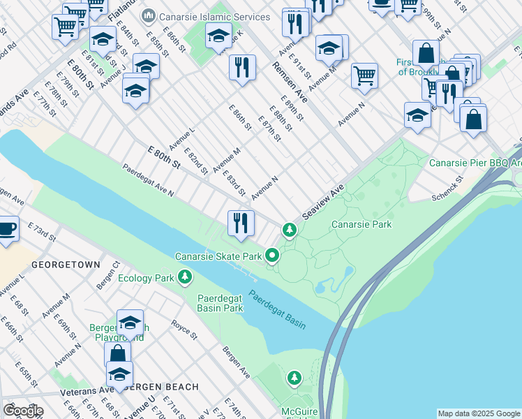 map of restaurants, bars, coffee shops, grocery stores, and more near 1425 East 80th Street in Brooklyn