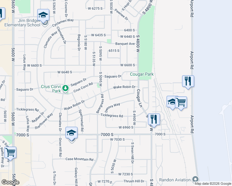 map of restaurants, bars, coffee shops, grocery stores, and more near 6758 Blue Flower Court in West Jordan