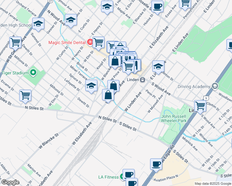 map of restaurants, bars, coffee shops, grocery stores, and more near 200 West Elizabeth Avenue in Linden