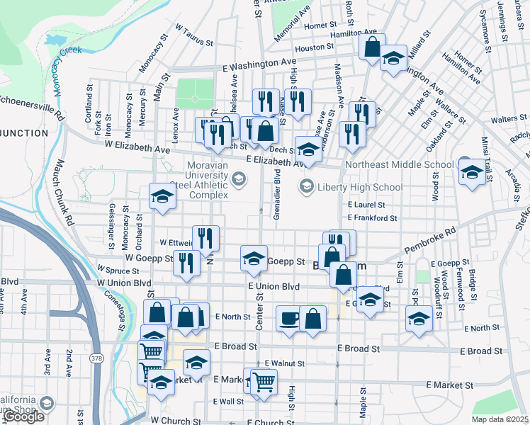 map of restaurants, bars, coffee shops, grocery stores, and more near 1026 Center Street in Bethlehem