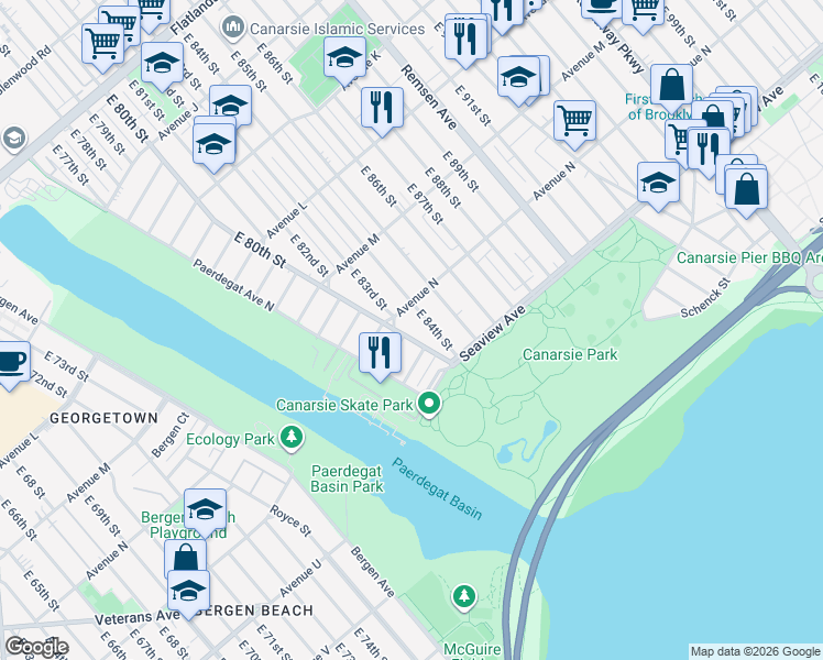 map of restaurants, bars, coffee shops, grocery stores, and more near 1421 East 84th Street in Brooklyn