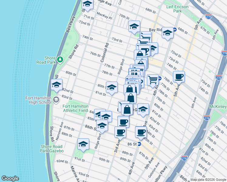map of restaurants, bars, coffee shops, grocery stores, and more near Ridge Boulevard in Brooklyn