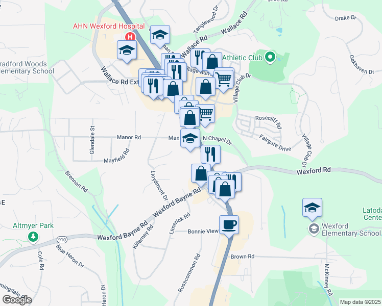 map of restaurants, bars, coffee shops, grocery stores, and more near 201 Church Road in Wexford