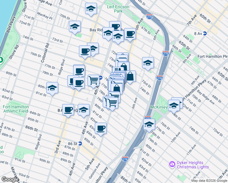 map of restaurants, bars, coffee shops, grocery stores, and more near 470 76th Street in Brooklyn