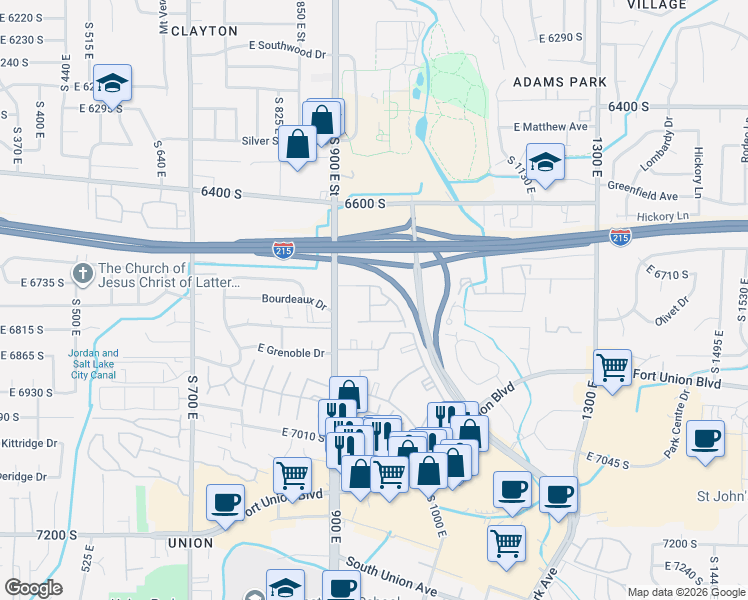 map of restaurants, bars, coffee shops, grocery stores, and more near 6745 Sienna Park Lane in Midvale