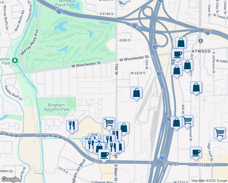 map of restaurants, bars, coffee shops, grocery stores, and more near 6640 700 West in Murray