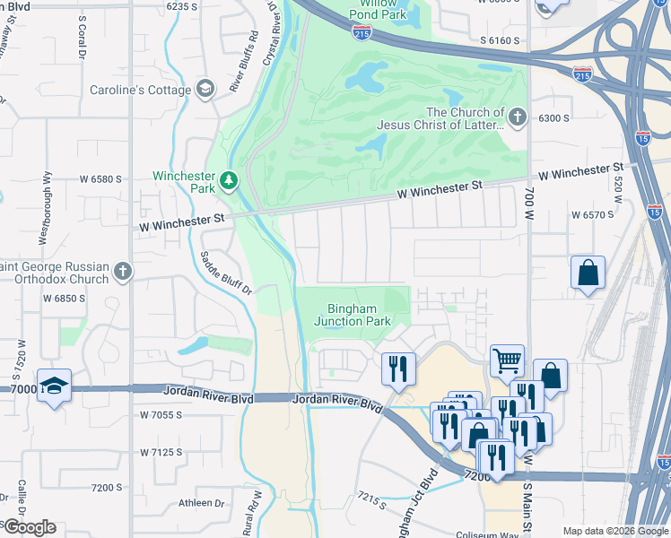 map of restaurants, bars, coffee shops, grocery stores, and more near 6474 South 1090 West in Murray