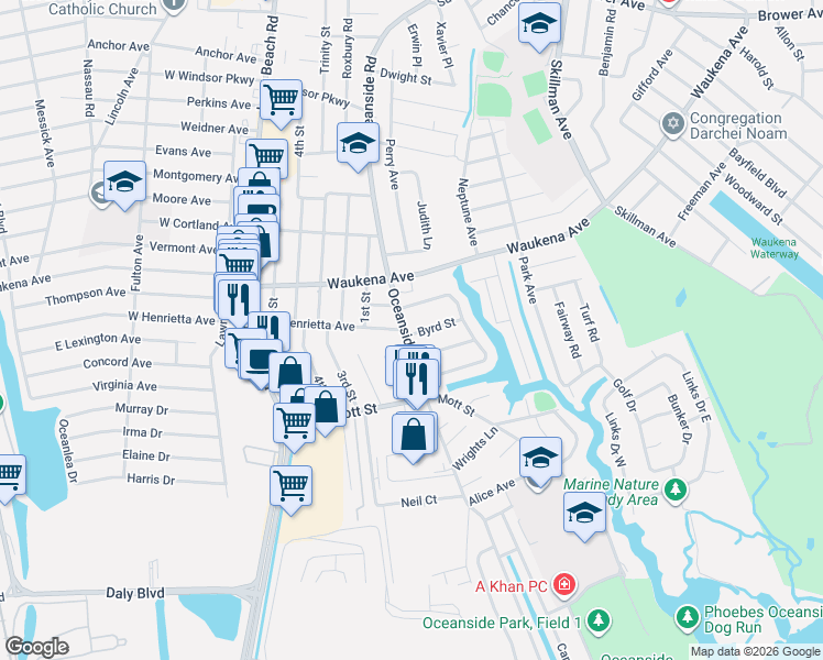 map of restaurants, bars, coffee shops, grocery stores, and more near 3353 Oceanside Road in Oceanside