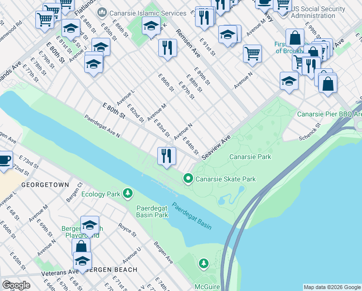 map of restaurants, bars, coffee shops, grocery stores, and more near 1421 East 84th Street in Brooklyn