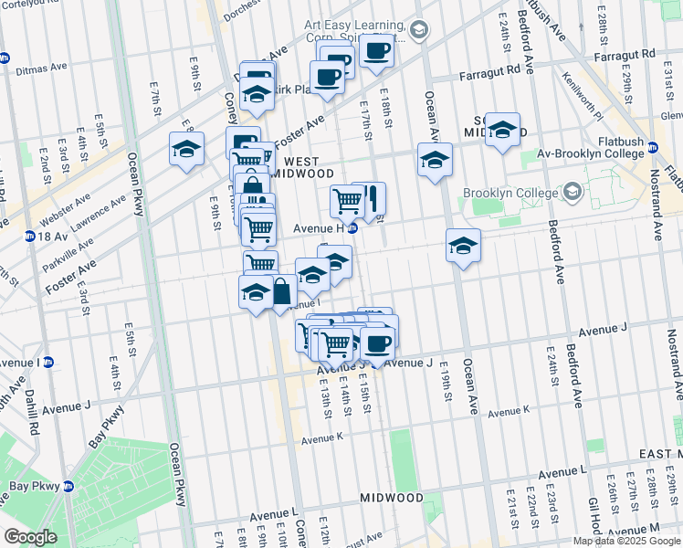 map of restaurants, bars, coffee shops, grocery stores, and more near 829 East 15th Street in Brooklyn