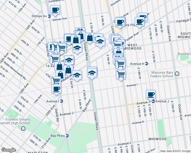 map of restaurants, bars, coffee shops, grocery stores, and more near 602 Avenue H in Brooklyn
