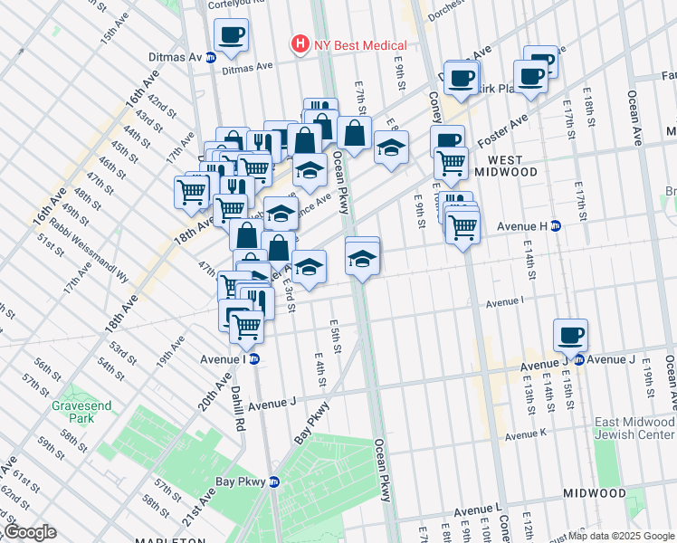 map of restaurants, bars, coffee shops, grocery stores, and more near 927 East 5th Street in Brooklyn