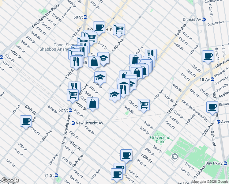 map of restaurants, bars, coffee shops, grocery stores, and more near 1515 55th Street in Brooklyn
