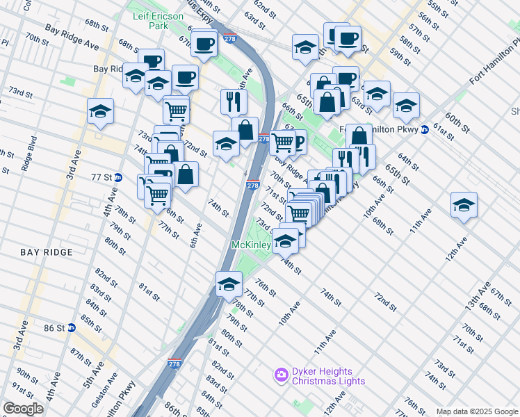 map of restaurants, bars, coffee shops, grocery stores, and more near 7103 8th Avenue in Brooklyn